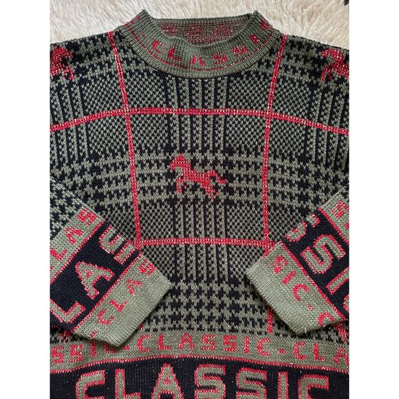 Vintage Knit Sweater green CLASSIC horse plaid Equestrian 80s - Picture 12 of 16